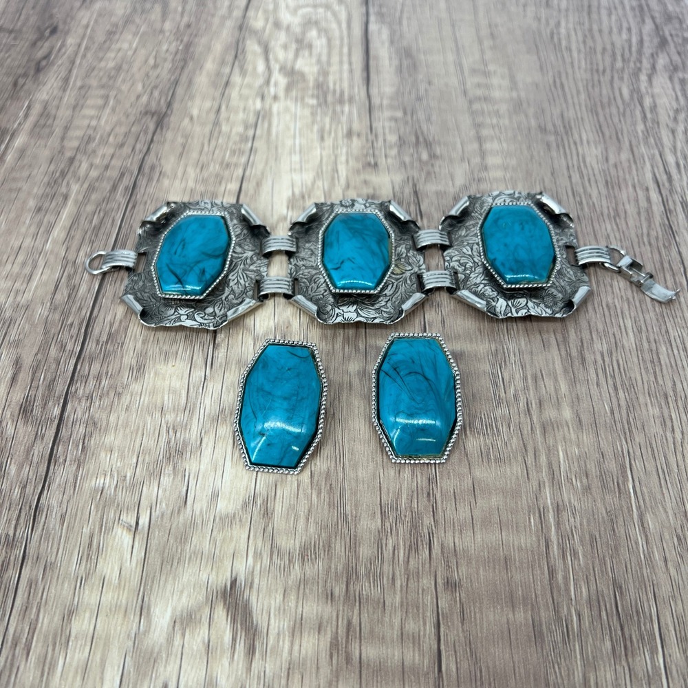 Faux Turquoise Bracelet Clip Earrings Set Silver Tone Boho Jewelry South Western
